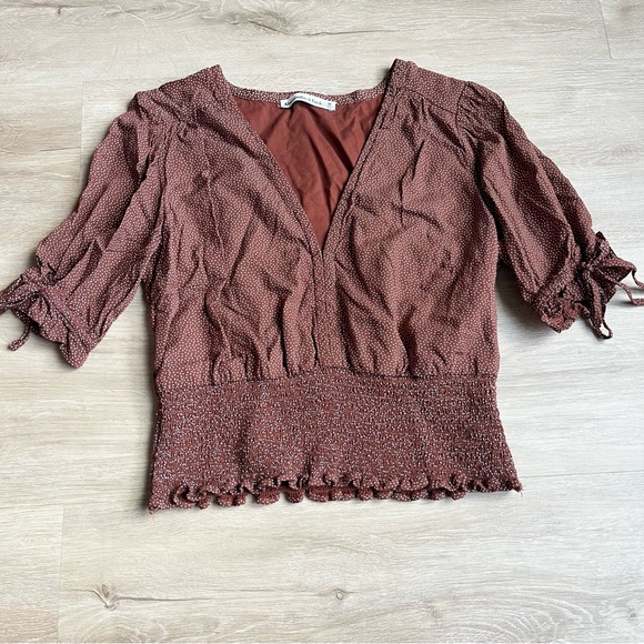 Abercrombie & Fitch Brown White Polka Dot V Neck Smocked Shirt Women's SZ M - Picture 2 of 6